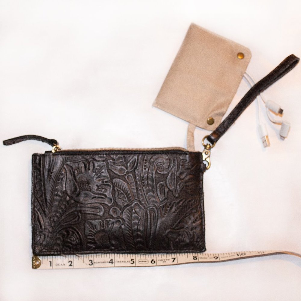American Leather Co Boho Floral Embossed Black Leather Power Wristlet